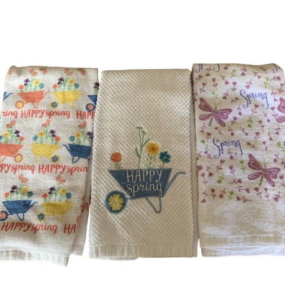 3 Spring “HAPPY SPRING” Decor Kitchen Towels Butterfly Flowers - Picture 1 of 4